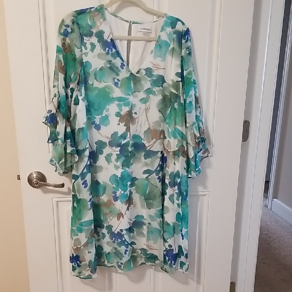 Calvin Klein Teal, Blue & White Floral Midi Dress with Ruffle Sleeves